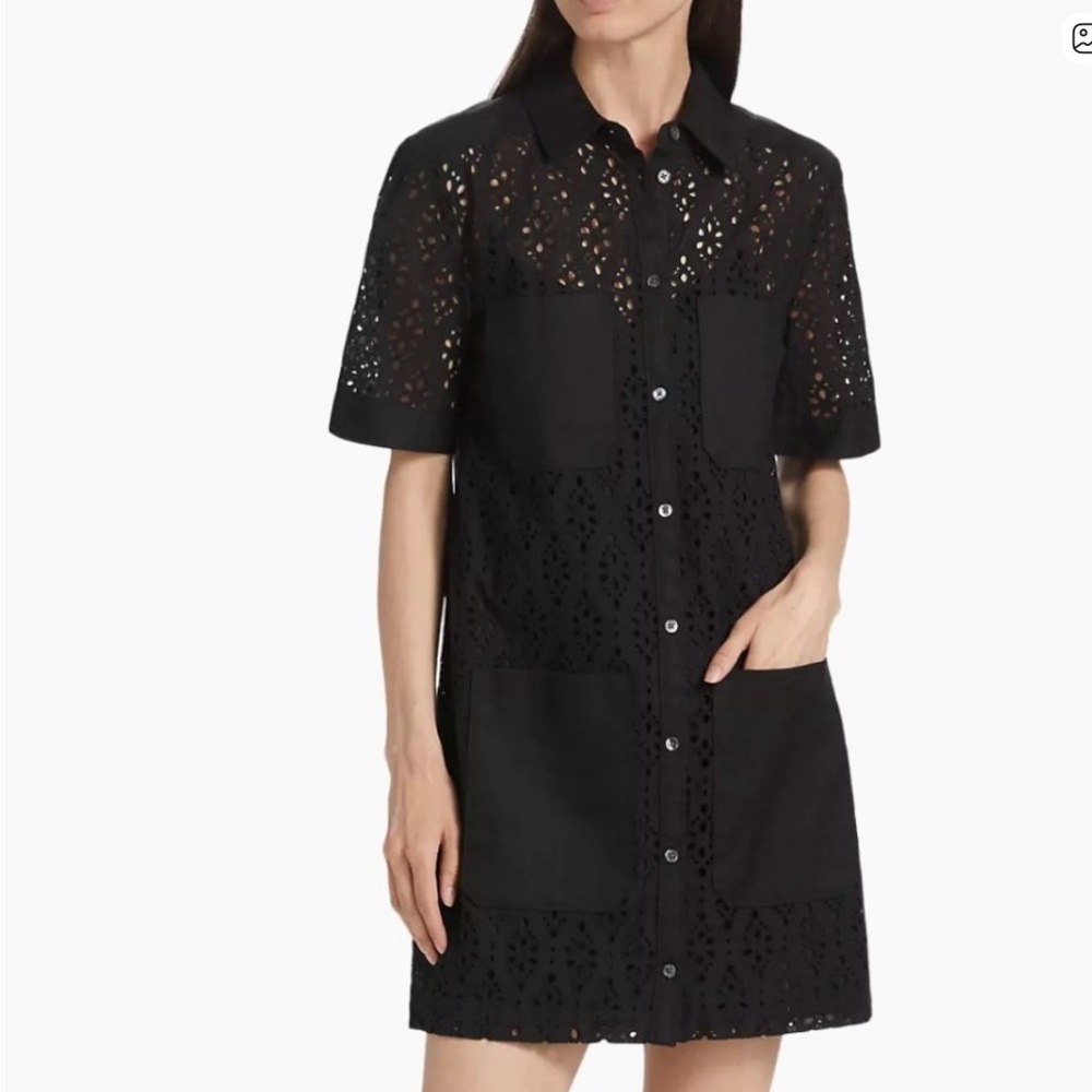 Veronica Beard Rafaela Eyelet Mini Shirtdress Black Button-Front Short Sleeve